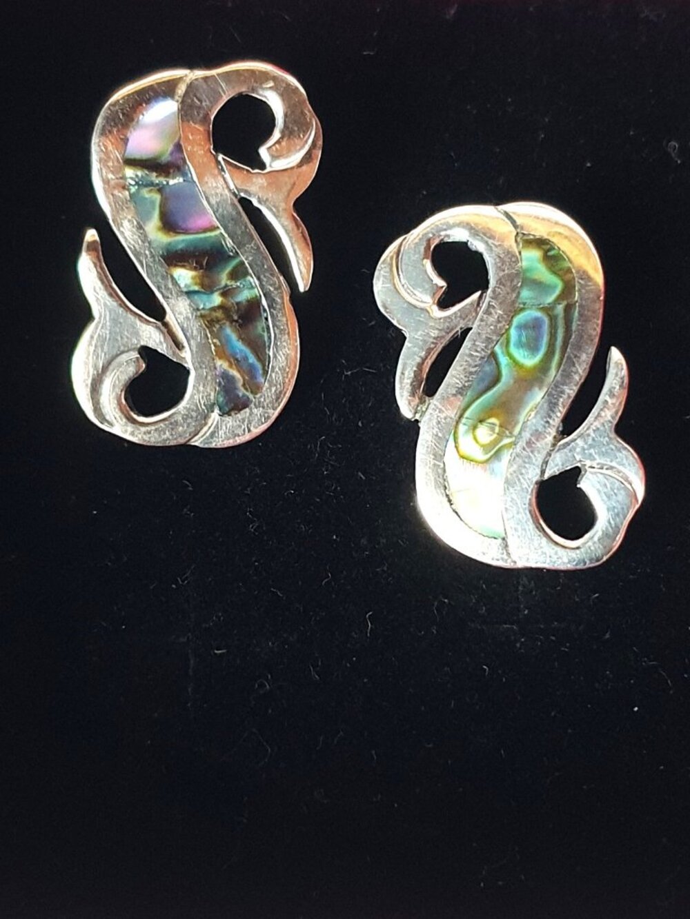 Vintage Taxco Sterling Silver Abalone Inlay Abstract Leaf Screw Back Earrings
